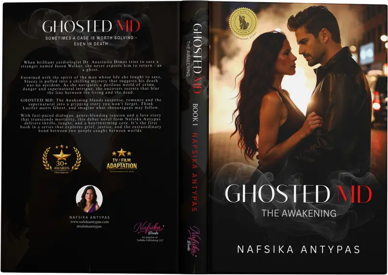 Ghosted MD: The Awakening book cover by Nafsika Antypas showing a couple embracing in a moody candlelit setting.